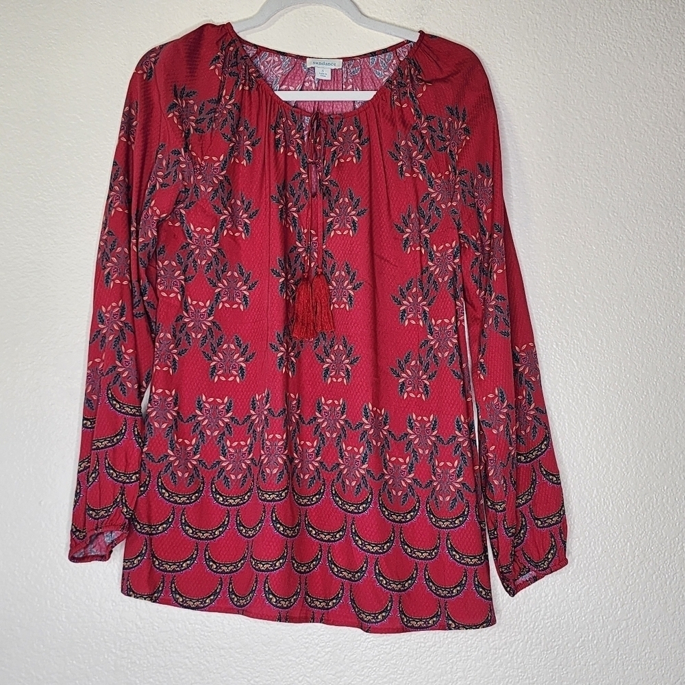 Sundance Red Boho Floral Paisley Tassel Tie Blouse S
